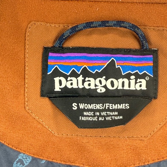 Patagonia Womens Bivvy Down Vest‎ Hooded Puffer Brown Blue Snap Front Sz S READ - Picture 8 of 15